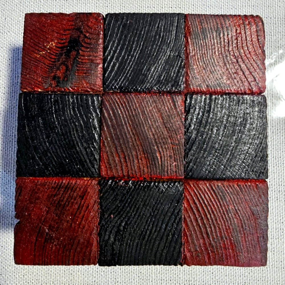 Handcrafted Red and Black Wooden Coasters with cork base.